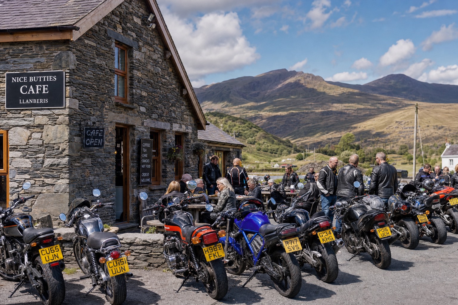 Motorcycles parked outside a Welsh bikers cafe