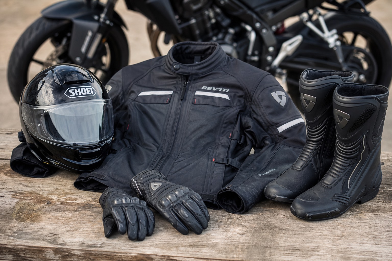 Motorcycle helmet, jacket, gloves and boots laid out